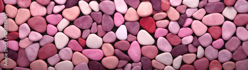 Smooth pink and purple polished stones arranged in a seamless pattern. Banner or header design 