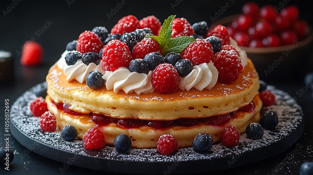 A stack of fluffy pancakes topped with whipped cream, fresh blueberries and raspberries, and a dusting of powdered sugar. A stack of fluffy pancakes topped with whipped cream, fresh blueberries and raspberries, and a dusting of powdered sugar.