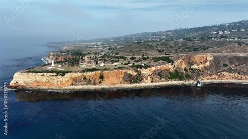 Drone Aerial Flying Towards Cliffs Over Abalone Cove From A Vincente Point Lighthouse View