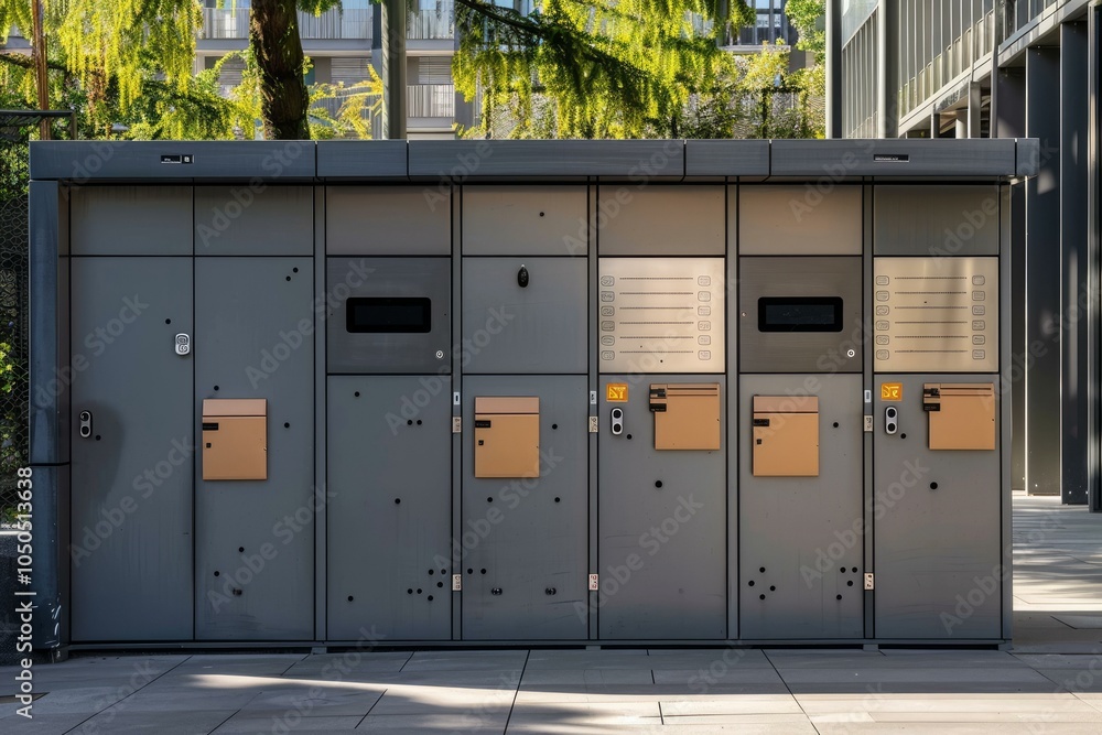 Modern mailboxes with package delivery lockers are installed outside of an apartment complex