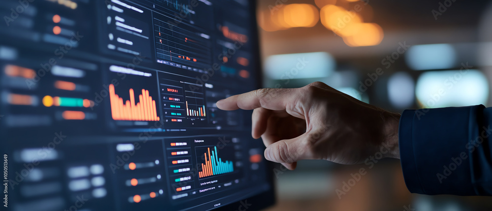 A person interacting with data analytics on a digital dashboard, highlighting insights and metrics for decision-making. A person interacting with data analytics on a digital dashboard, highlighting insights and metrics for decision-making.
