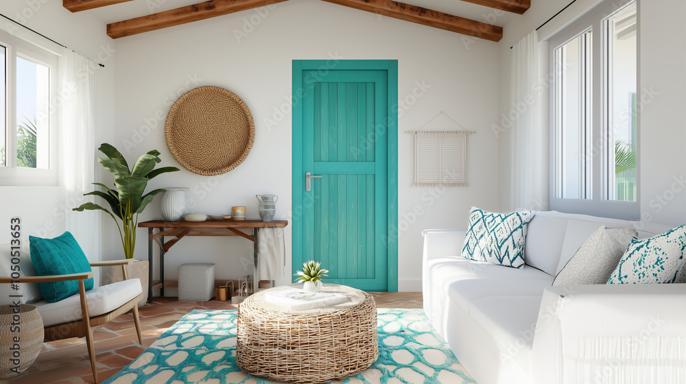 A cozy, inviting Mediterranean small living roomwith coastal colors and organic materials A cozy, inviting Mediterranean small living roomwith coastal colors and organic materials
