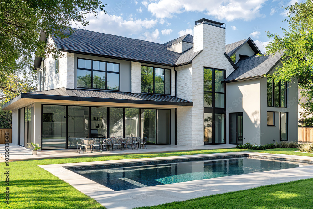 This modern mansion features a sleek black roof and expansive large windows, creating a striking contrast with its gray walls and white stone exterior. Set against a lush green lawn with a pool. This modern mansion features a sleek black roof and expansive large windows, creating a striking contrast with its gray walls and white stone exterior. Set against a lush green lawn with a pool.