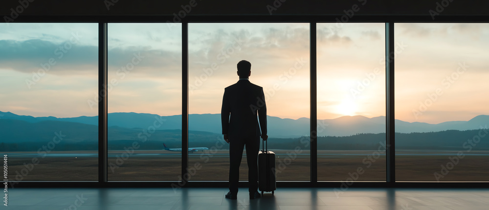 Fototapeta premium A silhouette of a businessman standing at a large window, gazing at the sunrise with a suitcase, symbolizing travel and ambition.