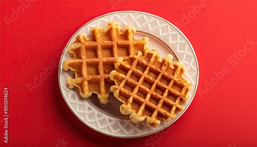 Waffles on a plate on red background top view