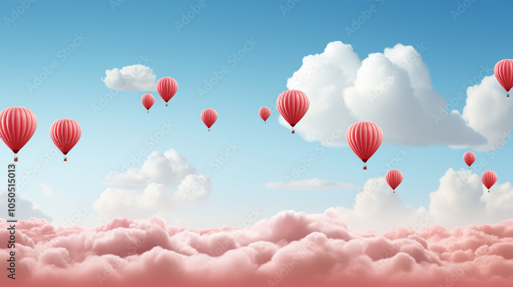 Red hot air balloons floating above pink clouds in a clear blue sky Red hot air balloons floating above pink clouds in a clear blue sky