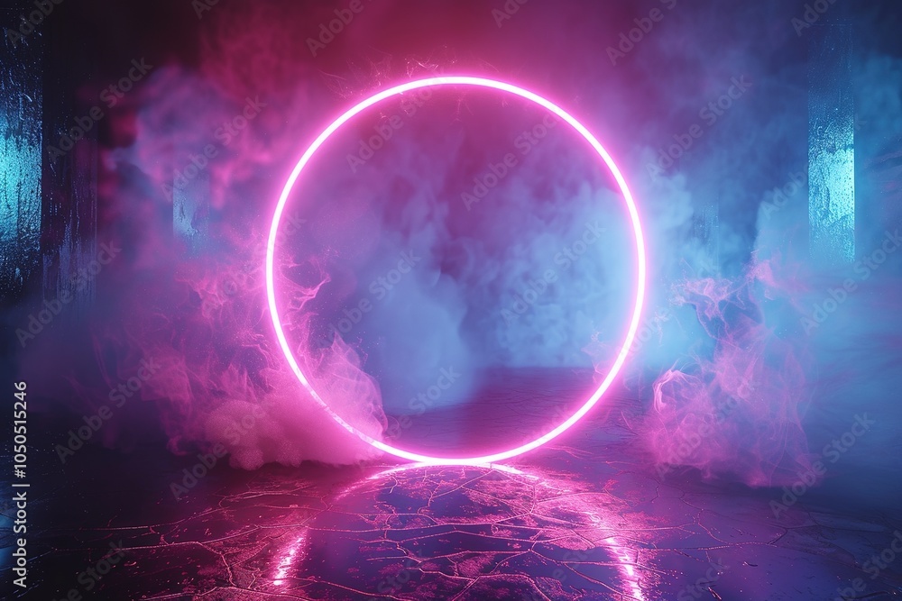 pink blue neon abstract background with glowing ring shape, ultraviolet light, laser show, wall reflection, round blank frame pink blue neon abstract background with glowing ring shape, ultraviolet light, laser show, wall reflection, round blank frame