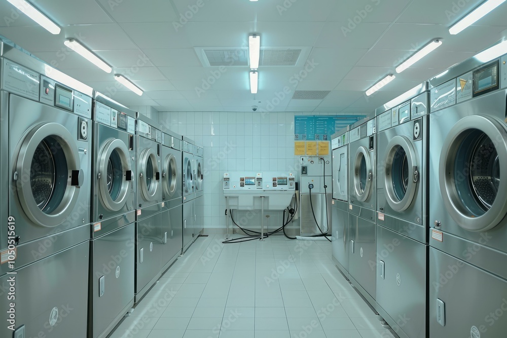 Modern industrial washing machines with chrome elements standing in a row in an empty public laundry room Modern industrial washing machines with chrome elements standing in a row in an empty public laundry room