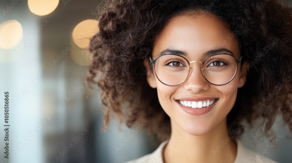 Obraz premium Smiling Woman with Curly Hair and Glasses