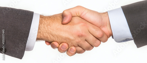 Two hands shaking in a business agreement, representing partnership and cooperation, on a white isolated background.