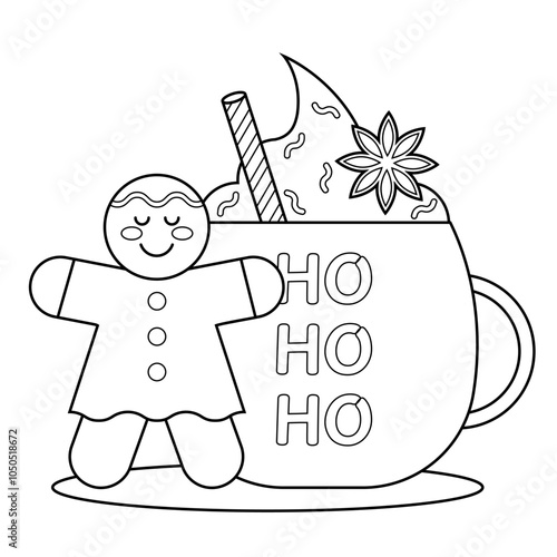 Coloring book for kids and adults, cup of hot chocolate and ginger cookies, cute vector style, Christmas, New Year, winter