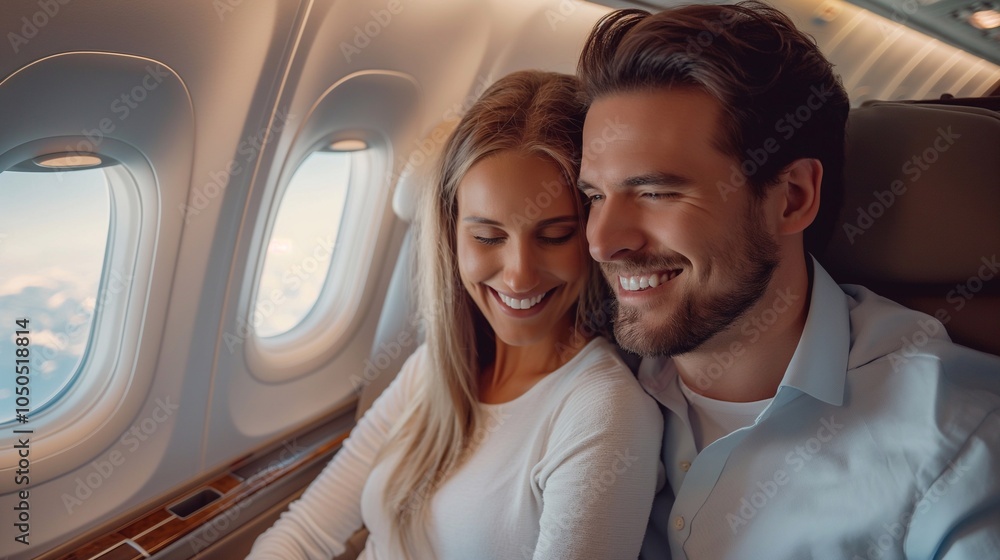 A happy young couple seated by the airplane window, enjoying their flight looking forward to their vacation. The excited flight travel, romantic getaway, holiday trips together, Smiling man and woman A happy young couple seated by the airplane window, enjoying their flight looking forward to their vacation. The excited flight travel, romantic getaway, holiday trips together, Smiling man and woman