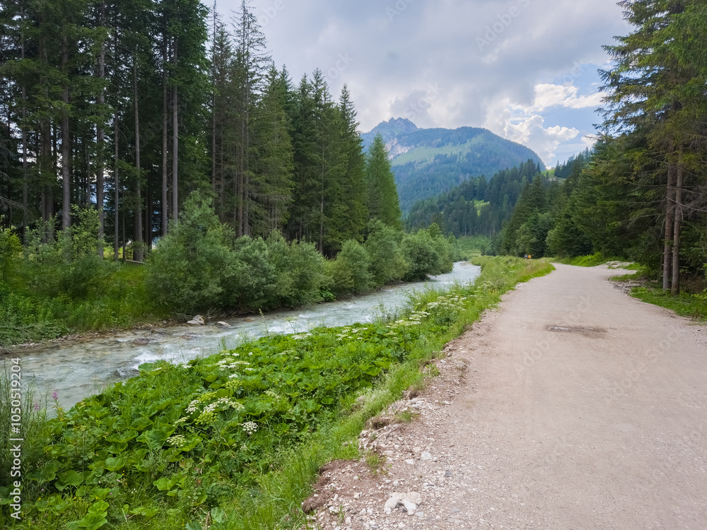 A photo of the Avisio stream near Canazei - Italy A photo of the Avisio stream near Canazei - Italy