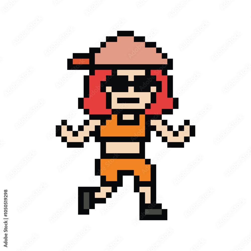 Fototapeta premium Cute pixel cartoon 8bit character woman lady run or running jog cardio lifestyle for decoration life style 8 bit female jog marathon exercise png vector.