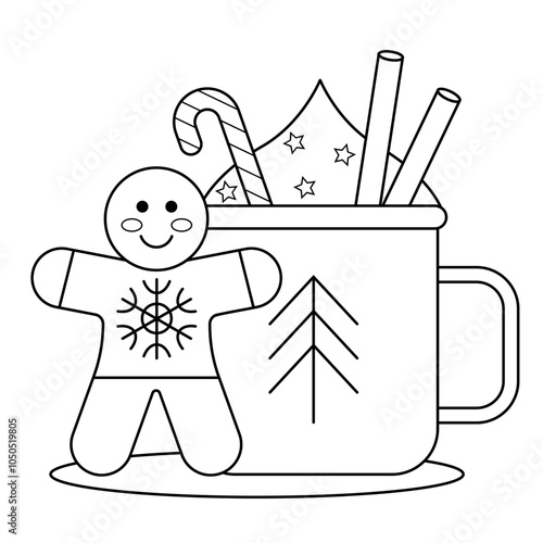 Coloring book for kids and adults, cup of hot chocolate and ginger cookies, cute vector style, Christmas, New Year, winter