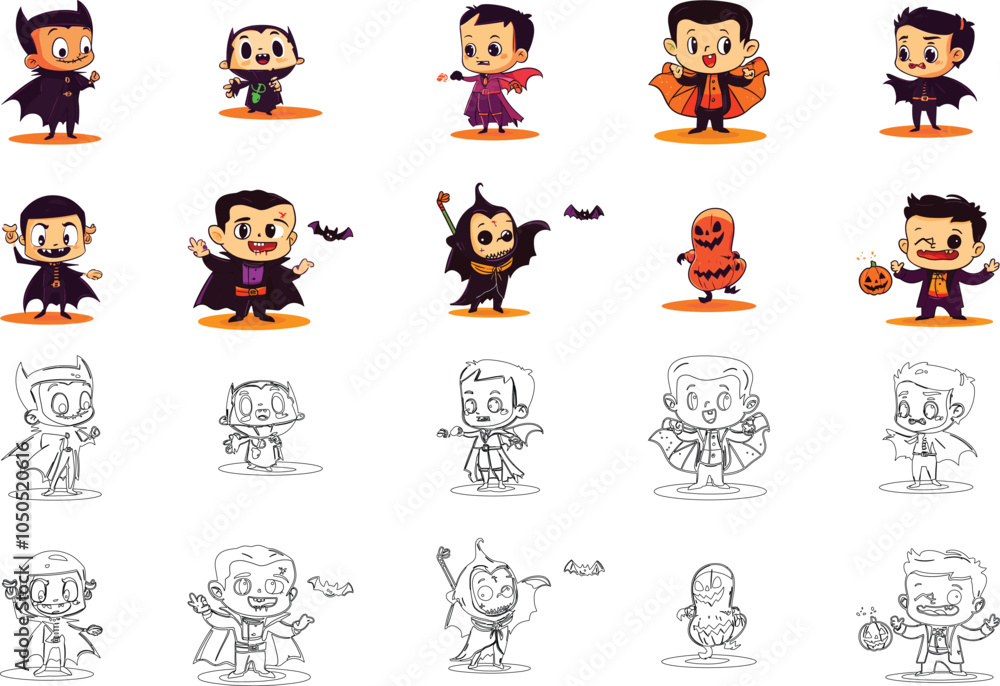 Obraz premium Cute Halloween Cartoon Characters in Vampire Costumes Set