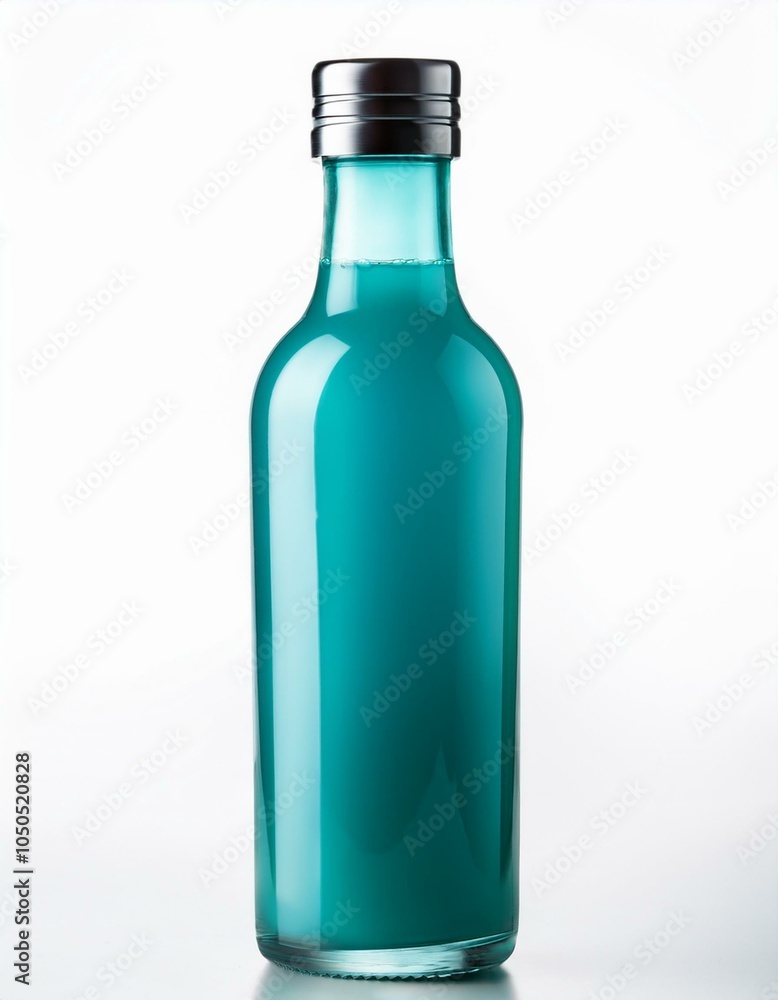 Teal glass bottle with a silver cap Teal glass bottle with a silver cap