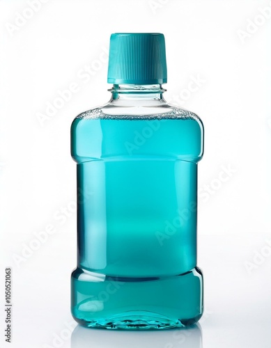 A bottle of blue mouthwash