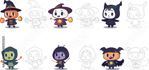 Cute Halloween Characters Featuring Witches and Vampires