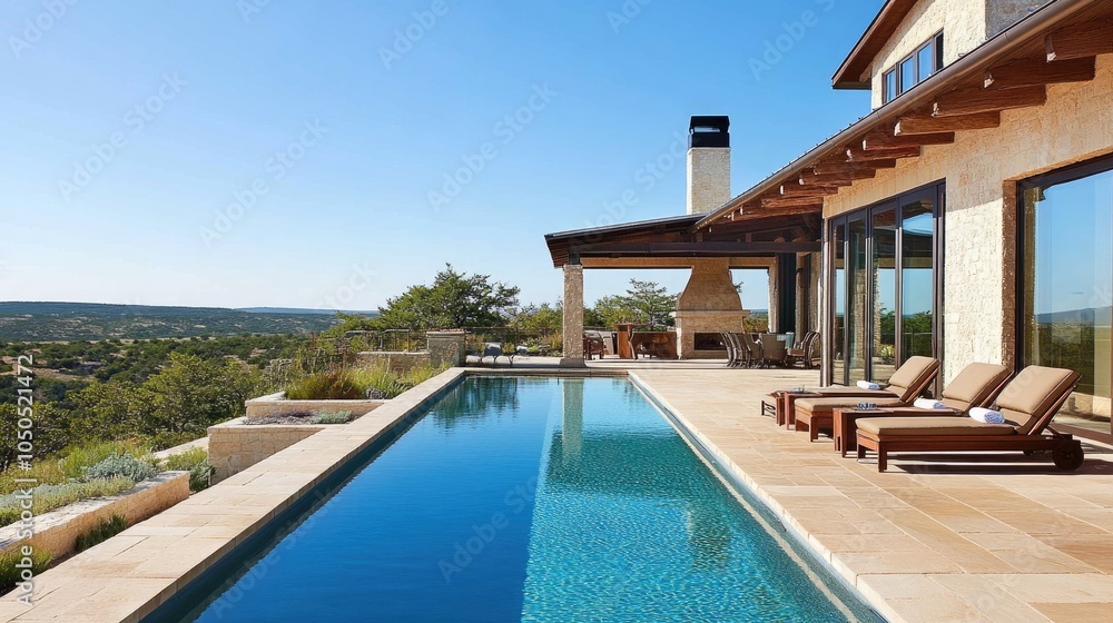 Fototapeta premium Modern villa with pool and stunning landscape view