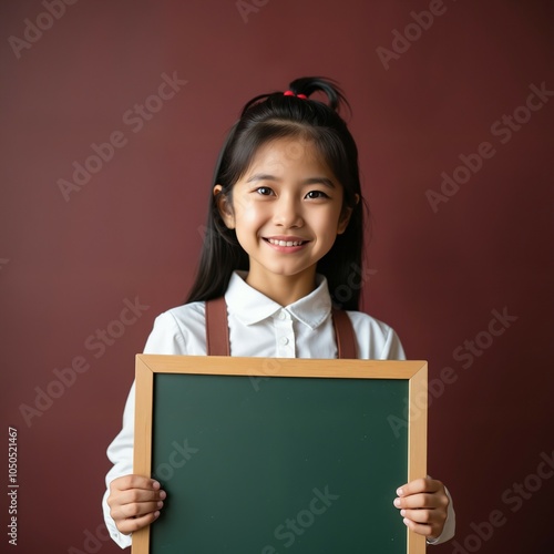 a young girl wearing a white shirt and brown suspenders, holding a green chalkboard against a maroon background.