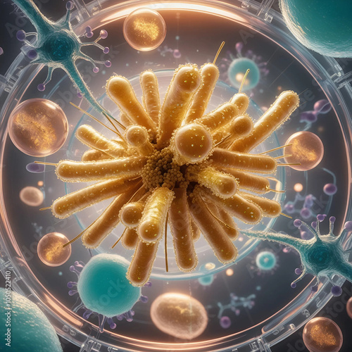 Acetobacter Aurantius Bacteria Illustration - Detailed Scientific Microbial Art of Orange Pigmented Acetic Acid Bacterium, Microorganism Depiction in Nature, Medical Microbiology, Biofilm Structure photo