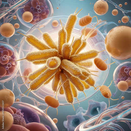 Acetobacter Aurantius Bacteria Illustration - Detailed Scientific Microbial Art of Orange Pigmented Acetic Acid Bacterium, Microorganism Depiction in Nature, Medical Microbiology, Biofilm Structure photo