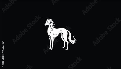 Silken Windhound Image, Circle Design, Black Background, White Outline, Unique Dog Illustration