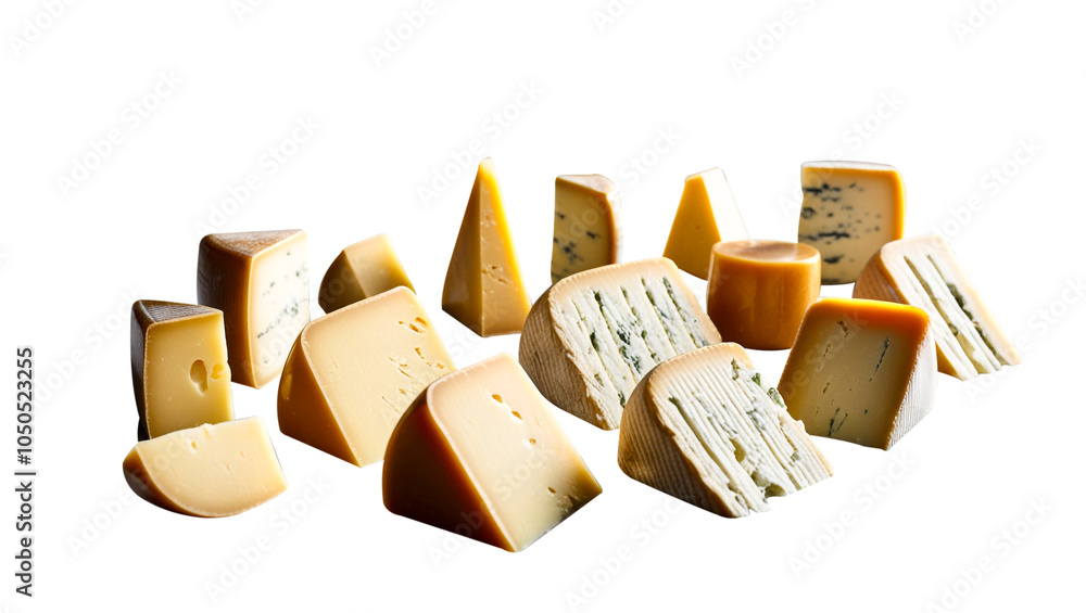 Fototapeta premium Cheese dice and slices on a transparent background