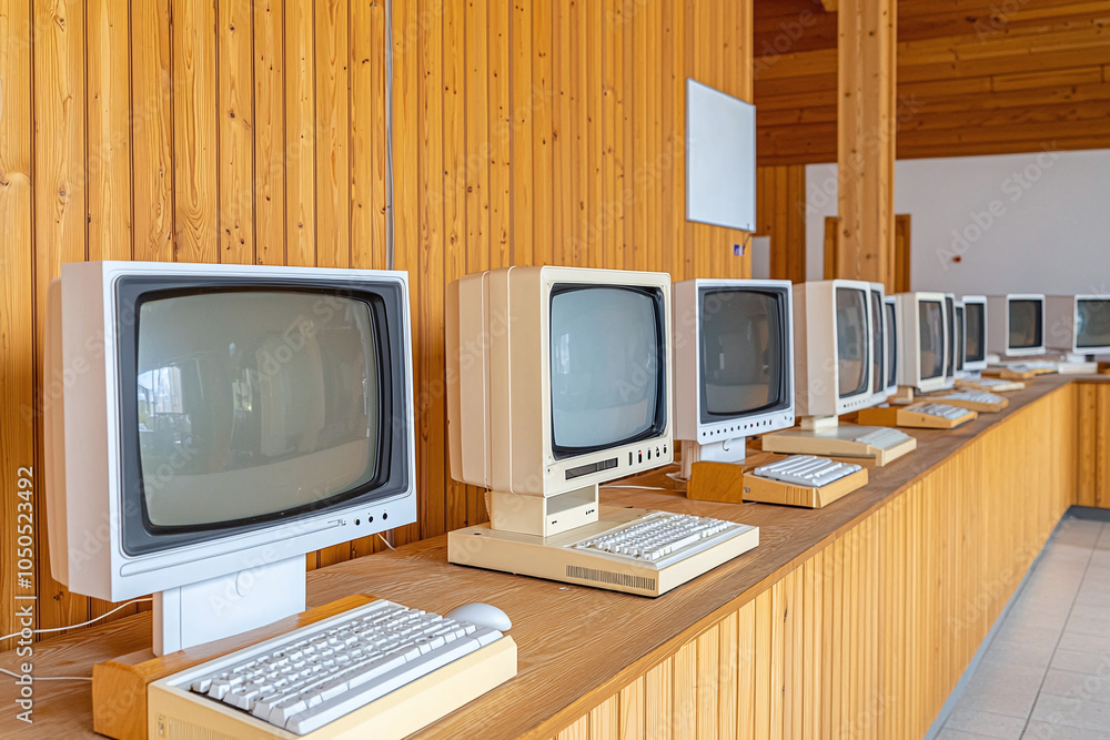 Fototapeta premium retro computer room, multiple CRT monitors, wood paneling