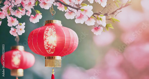 Chinese New Year decorations, red lanterns and flowers. Holiday symbols in China.