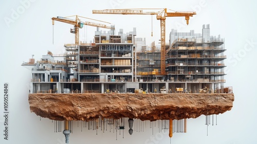 Building construction site with cranes, scaffolding, and scattered building materials, floating ground revealing layers of dirt and pipes underneath, isolated on a white background