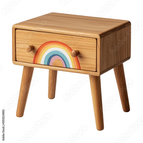 Wooden nightstand featuring a drawer decorated with a painted rainbow design. Playful and colorful accent to any room with its unique style. Isolated on transparent background, png. photo