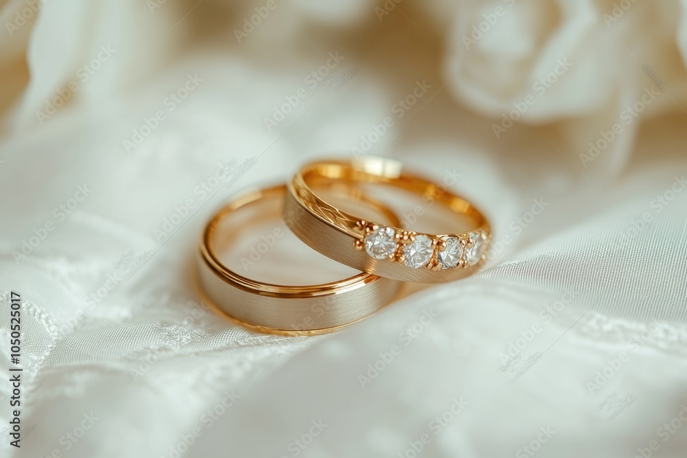 A pair of wedding rings placed on a white cloth, often used as a symbol of love and commitment A pair of wedding rings placed on a white cloth, often used as a symbol of love and commitment