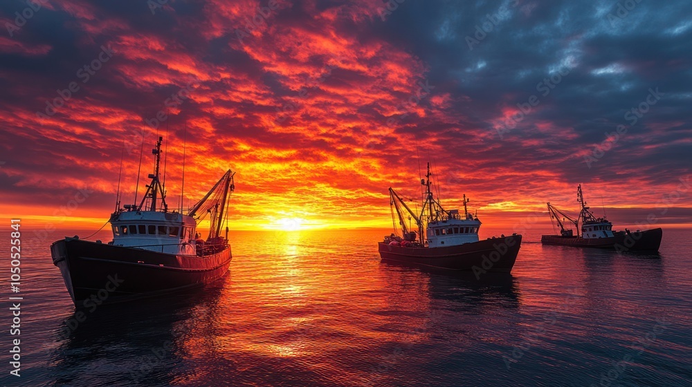Obraz premium Three fishing boats silhouetted against a dramatic, fiery sunrise over a calm sea.