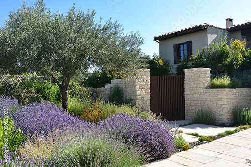 An ancient French Provence-style garden boasts lavender and olive trees. A modern, minimalist house with stone walls and a dark brown gate complements the scenery, highlighting the harmony.