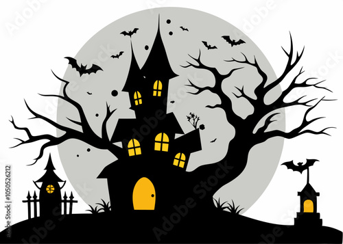 Silhouette vector of a spooky Halloween house haunting illustration with bats flying around, a large full moon in the background