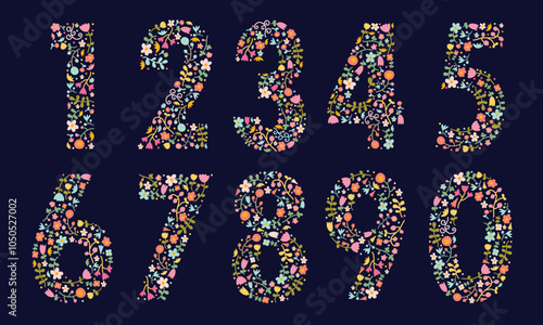 Cute Floral Number. Set. Wedding invitations, greeting card, birthday, logo, poster other ideas. Vector illustration.