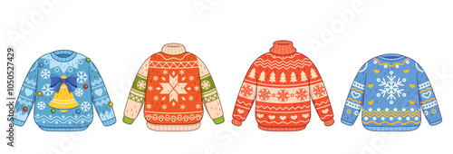 Cartoon Vibrant Christmas Sweaters Display Festive Patterns Including Snowflakes Bells And Stars Perfect For Holiday