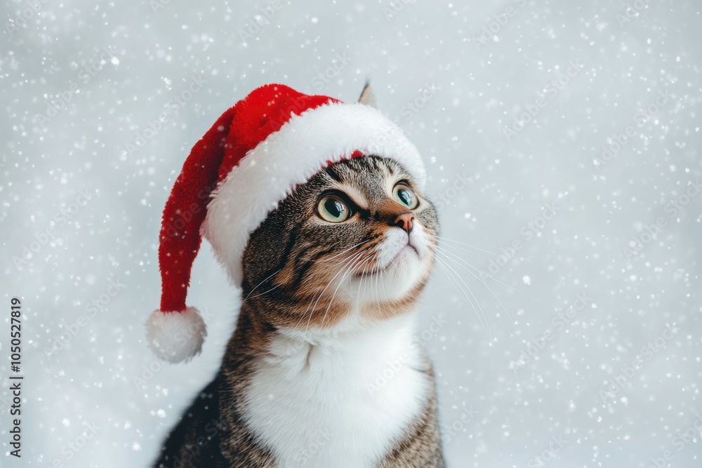 Portrait of a curious Cat wearing a festive red Santa hat, set against a soft snow-white studio backdrop with cozy lighting, copy space, Christmas cat hat, holiday pet portrait, festive animal Portrait of a curious Cat wearing a festive red Santa hat, set against a soft snow-white studio backdrop with cozy lighting, copy space, Christmas cat hat, holiday pet portrait, festive animal