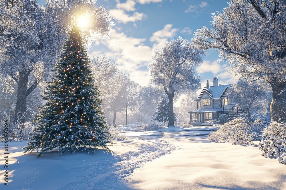 A beautiful Christmas tree in the snow, surrounded by trees and a house, illuminated by bright sunlight under a blue sky. A beautiful Christmas tree in the snow, surrounded by trees and a house, illuminated by bright sunlight under a blue sky.