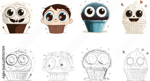 Whimsical Cupcake Characters with Expressions and Sketches