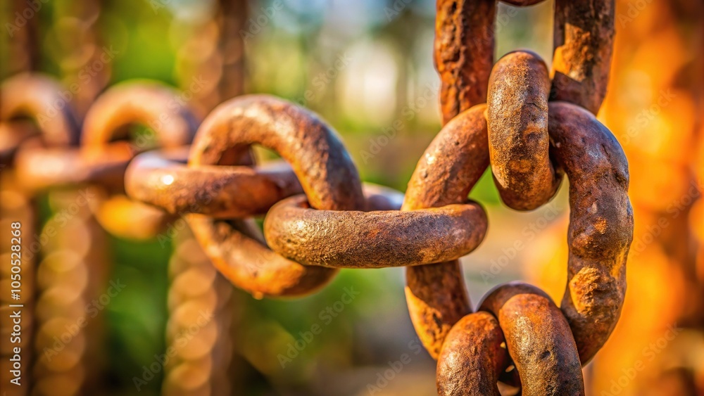 Extreme close-up of a rusty iron chain hanging on a holder against a natural background