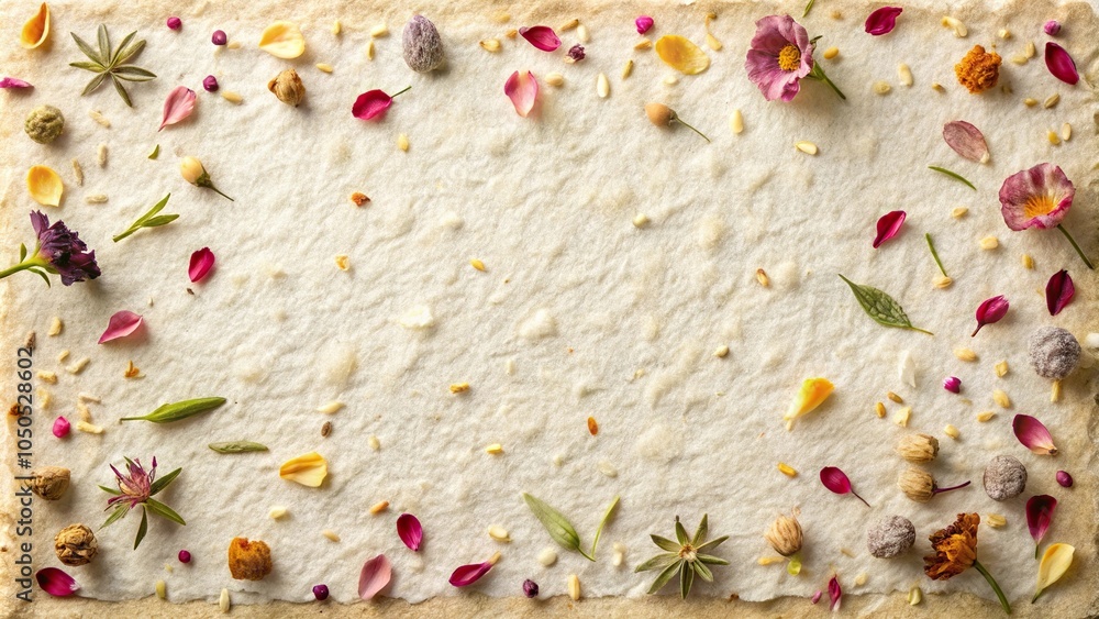 Extreme close-up of handmade paper with embedded seed and petal inside Extreme close-up of handmade paper with embedded seed and petal inside