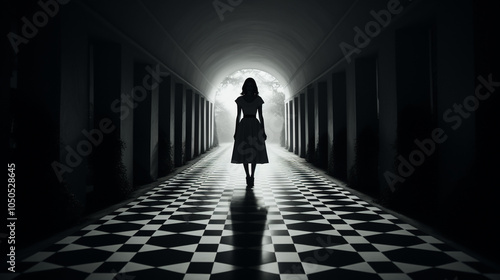 Silhouette of woman in dress walking down dark checkered hallway toward bright light