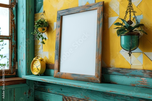 A wooden frame mockup on a teal hanging shelf, tilted. Viewed from side angle, window reflection in frame mockup, blank white mockup, yellow wall with geometric patterns, a small yellow clock, a teal