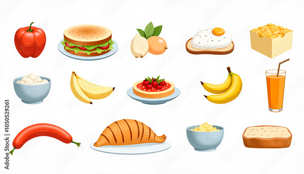 Weight loss psychology. Collection of colorful food illustrations including fruits, vegetables, and meals on a white background Weight loss psychology. Collection of colorful food illustrations including fruits, vegetables, and meals on a white background