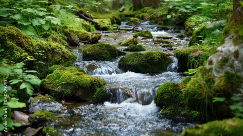 A serene forest stream flowing through moss-covered rocks and vibrant greenery, Nature setting with tranquility, Serene style