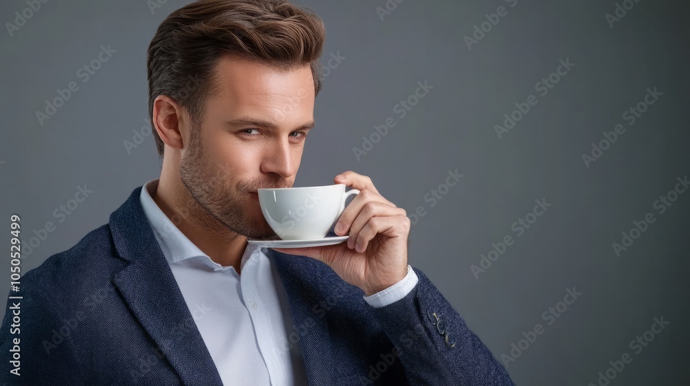 Happy smart causal businessman with tablet at office drinking coffee. Happy smart causal businessman with tablet at office drinking coffee.