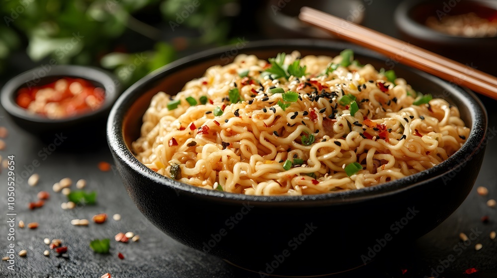 Steaming bowl of Chinese New Year longevity noodles served with chopsticks and surrounded by traditional foods Steaming bowl of Chinese New Year longevity noodles served with chopsticks and surrounded by traditional foods